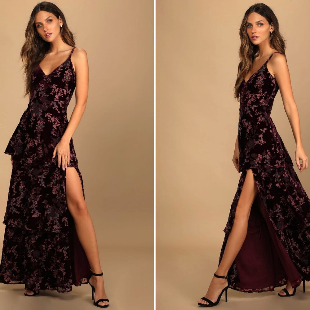 Lulus "I Love You Amore" Plum Purple Floral Velvet Tiered Maxi Dress - Size M -